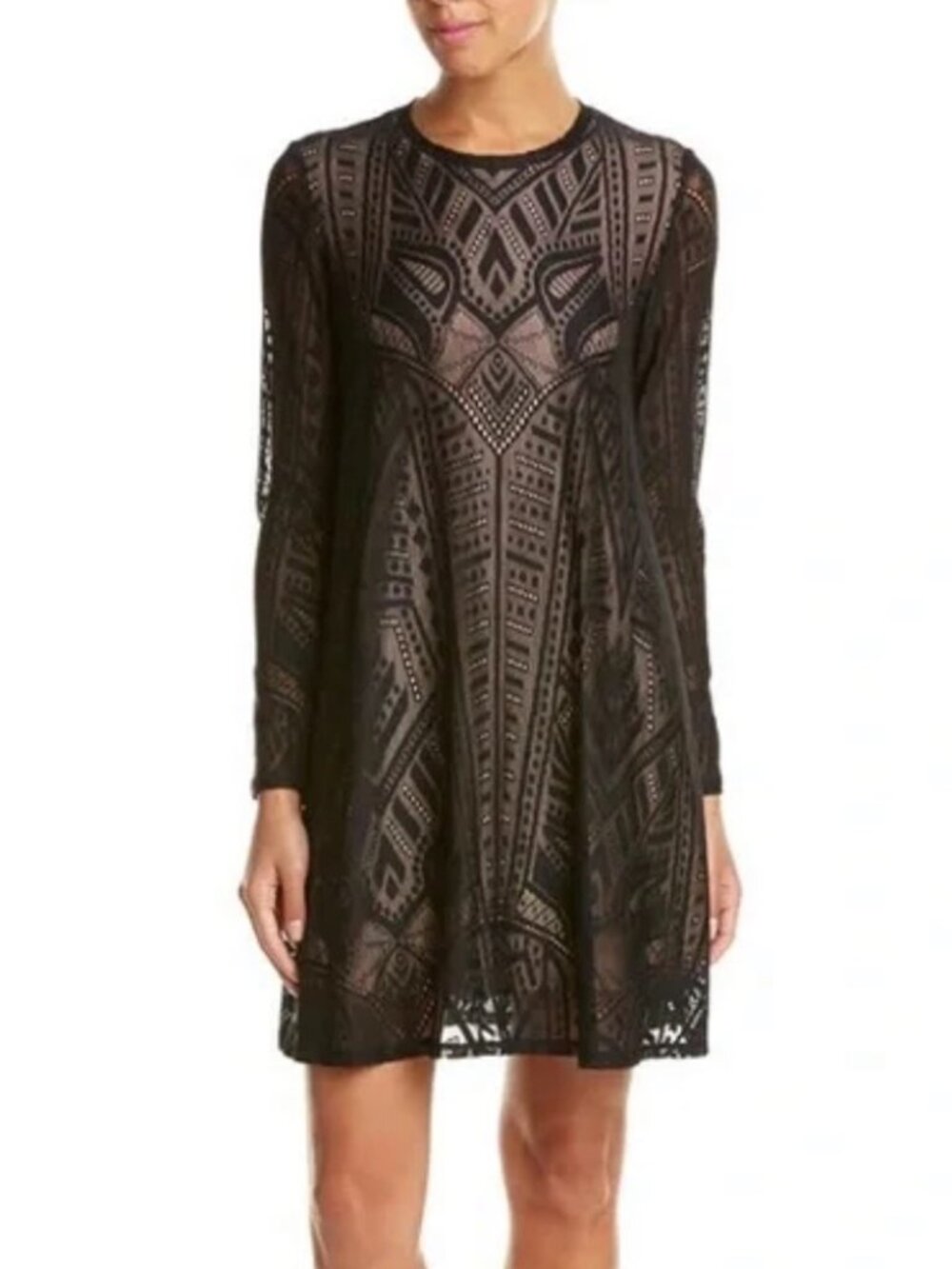 BCBG MaxAzria Women's Natyly Long Sleeve Swing Dress Black Lace Size S